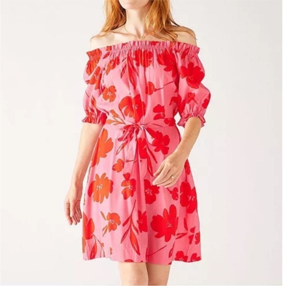 NWOT Mersea Ibiza two tone pink floral gathered neckline dress size small .